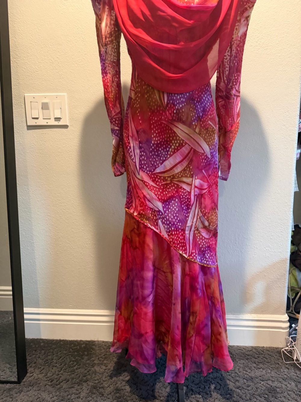Vintage Judy Hornby Couture Pink & Purple Printed Maxi Dress with Draped Scarf - Picture 7 of 10